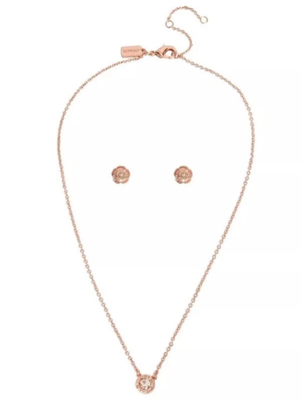 COACH Open Circle Necklace & Tea Rose Stud Earrings Jewelry Set ROSE GOLD